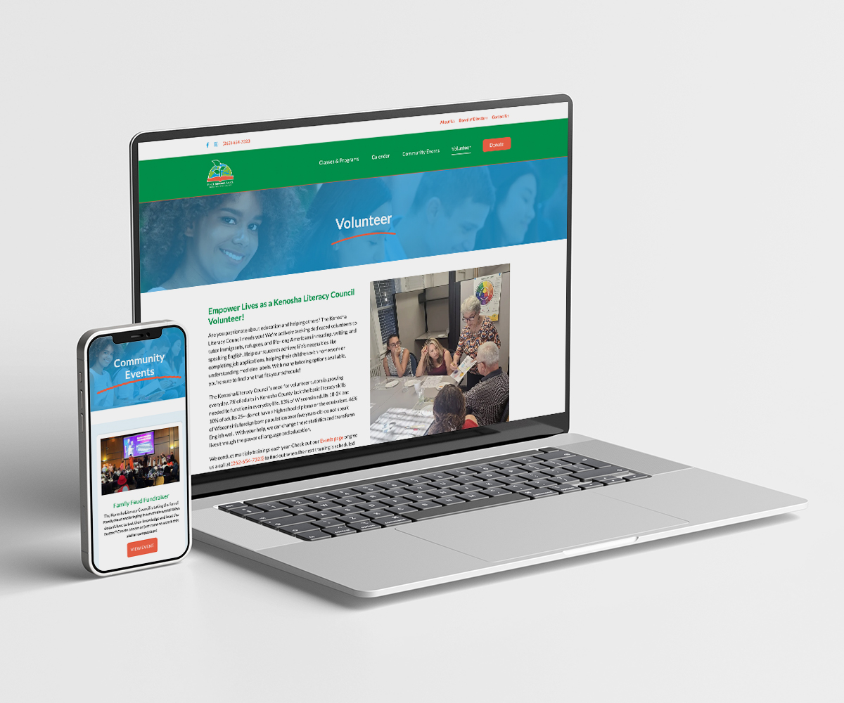 Photo of Volunteer and Events pages on a mobile phone and laptop