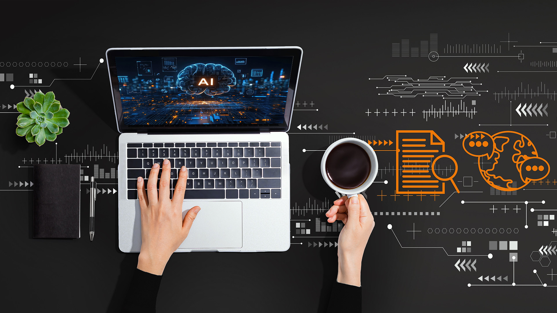Overhead view of a person working on a laptop with an "AI" graphic on the screen, holding a cup of coffee. The workspace features a black background with futuristic digital interface graphics, a notebook, pen, and a small succulent plant.