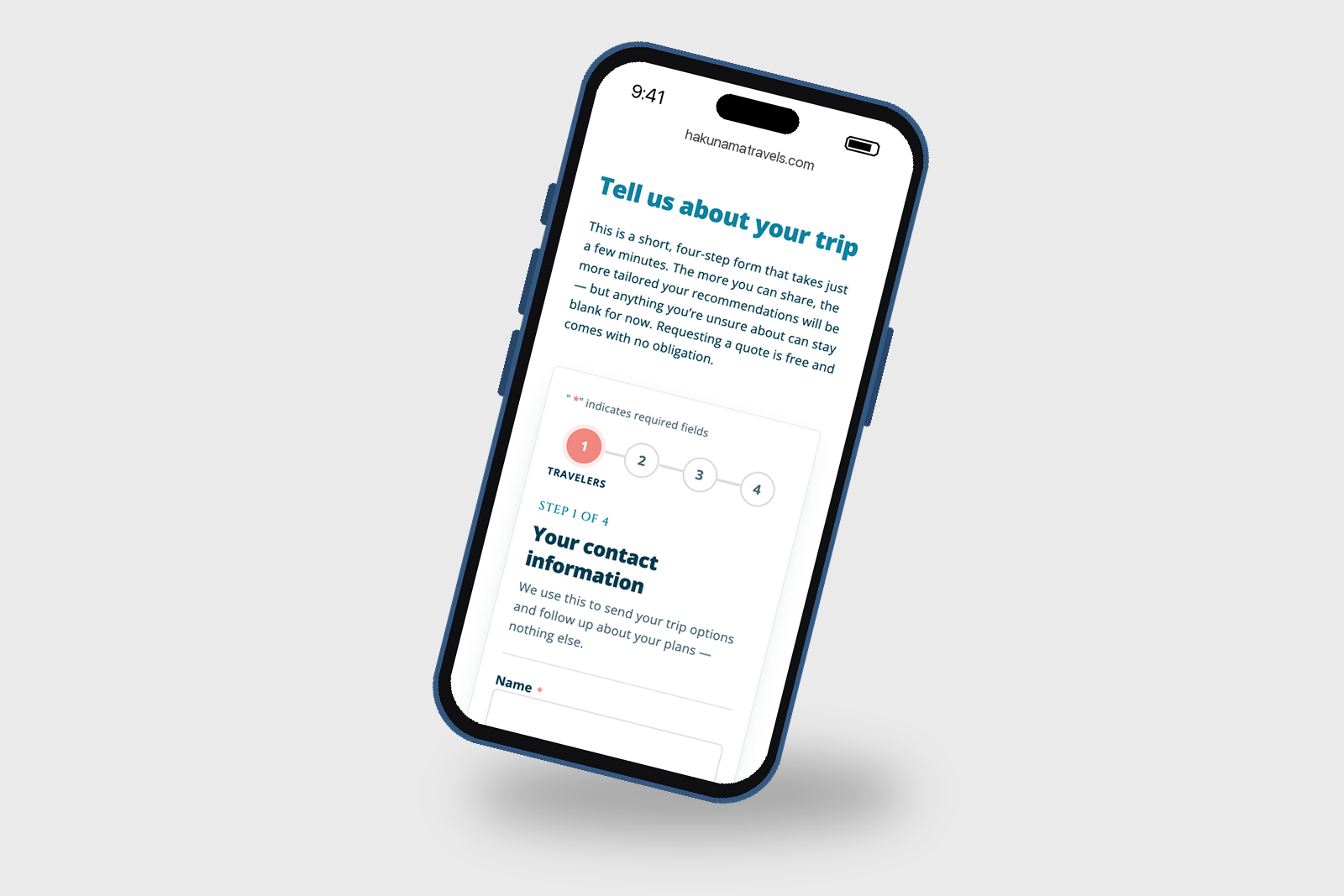 Hakuna MaTravels four-step Start Planning form shown on a phone