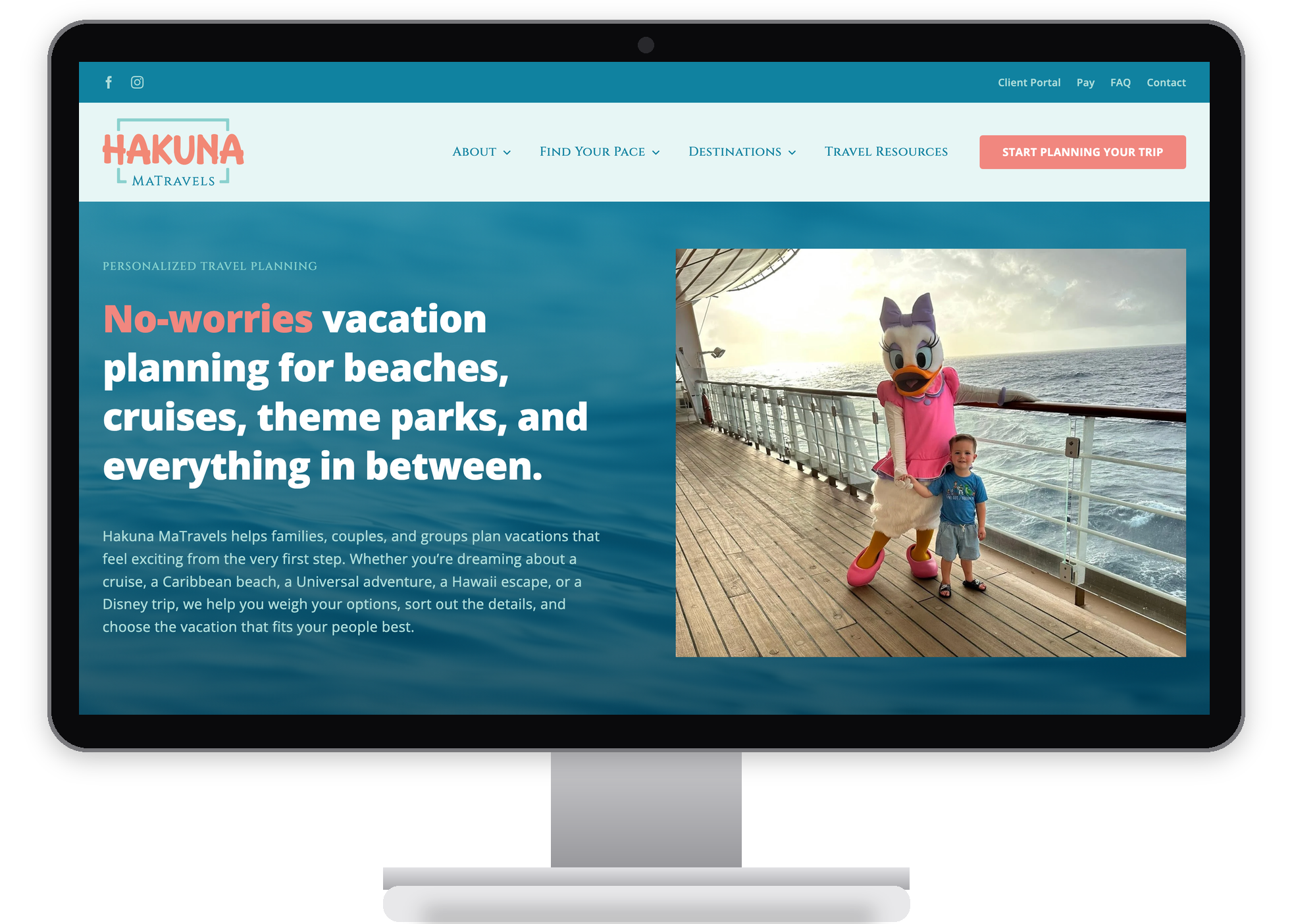 Hakuna MaTravels home page shown on a desktop monitor