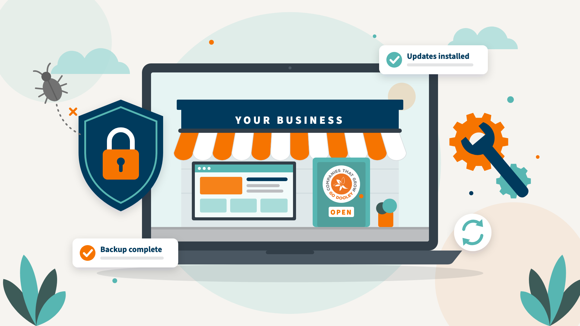 Website Maintenance Blog Featured Laptop showing a storefront protected by a security shield, with maintenance tools, update and backup icons